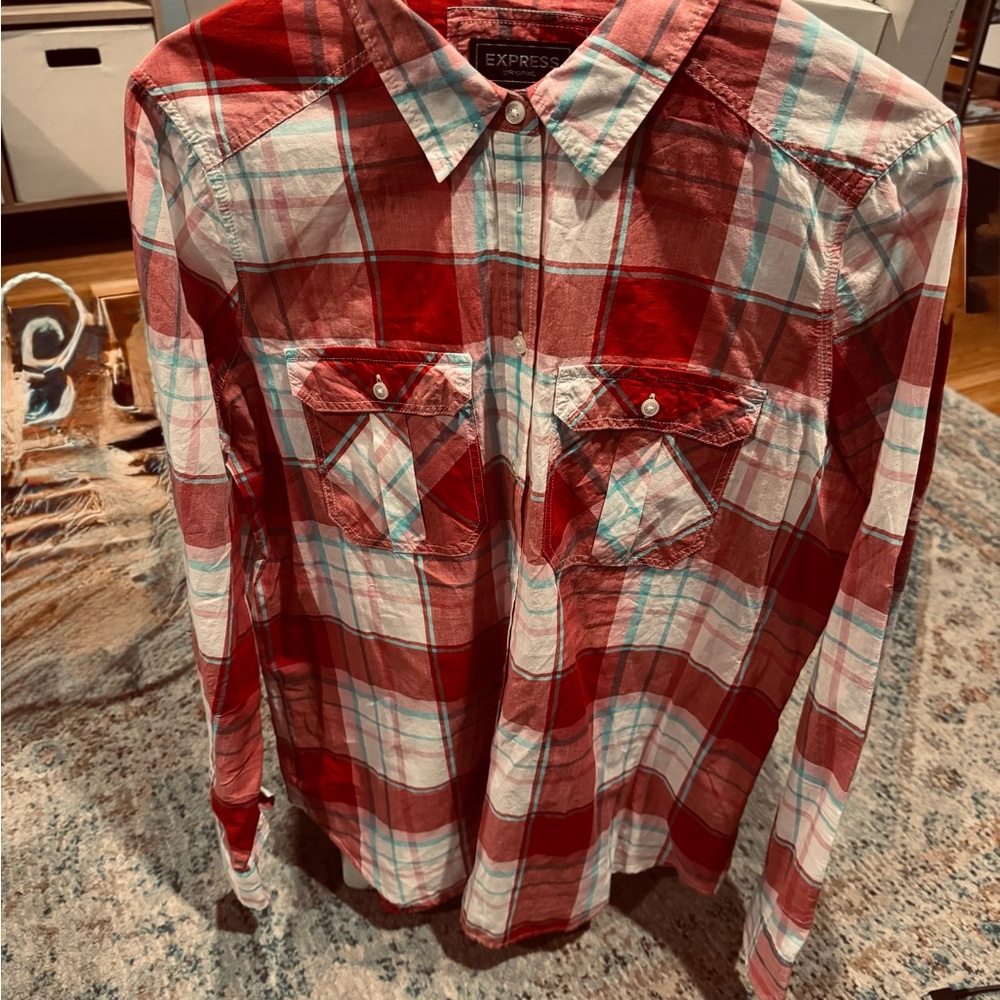 Express Red Plaid Button-Up Shirt